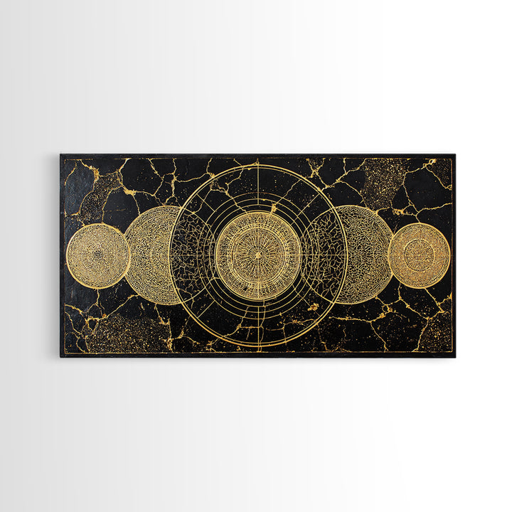 Golden Lunar Phases Celestial Geometry Wall Art, Black And Gold Abstract African Inspired Decor, Mystic Boho Canvas Print