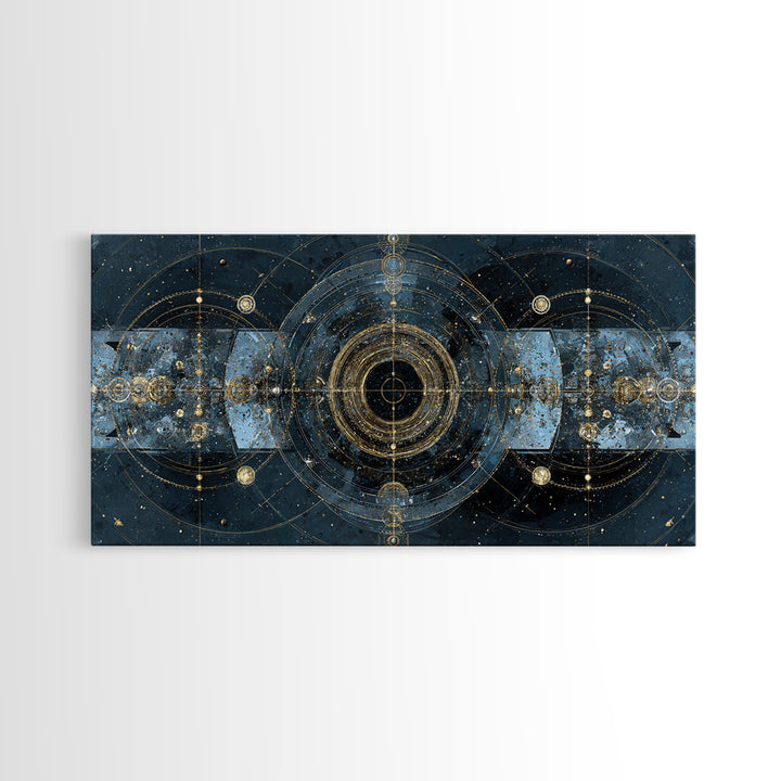 Blue Gold Cosmic Portal Canvas Print, Abstract Wall Art With Sacred Geometry, Modern Luxury Decor For Living Room And Office
