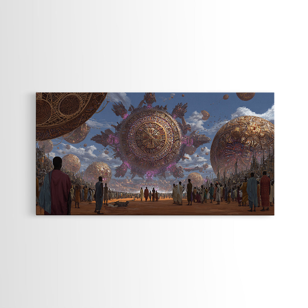 Afrofuturist Festival With Floating Golden Spheres Canvas Print, African Culture Wall Art, Futuristic City Decor Gift For Living Room