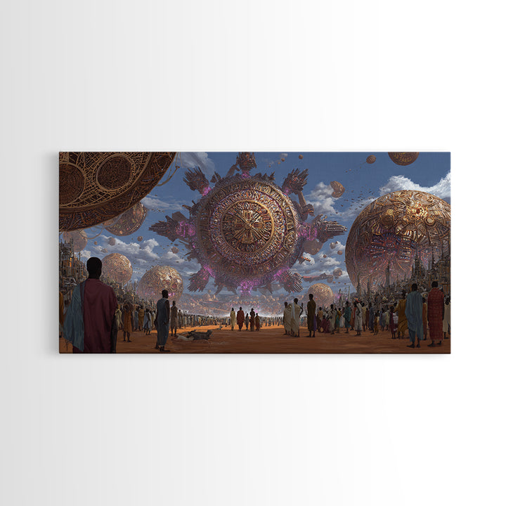 Afrofuturist Festival With Floating Golden Spheres Canvas Print, African Culture Wall Art, Futuristic City Decor Gift For Living Room