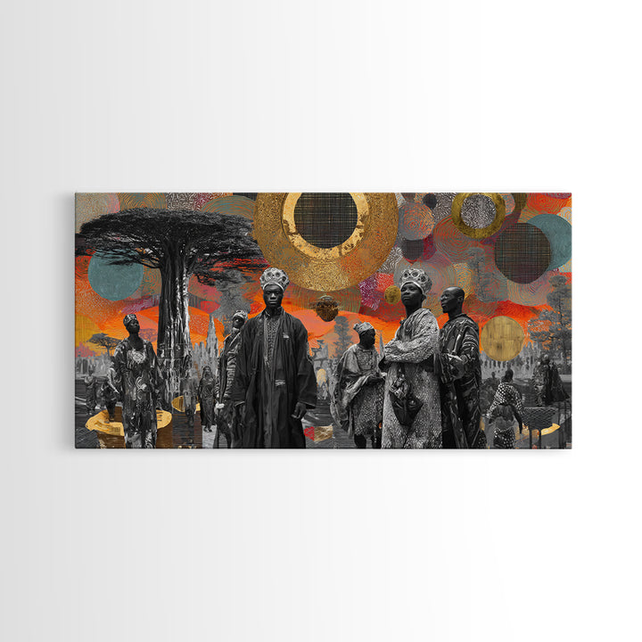 Royal African Figures Under Baobab Sun Wall Art, Afrocentric Black Culture Art, Gold Collage Canvas Print For Elegant Home Decor