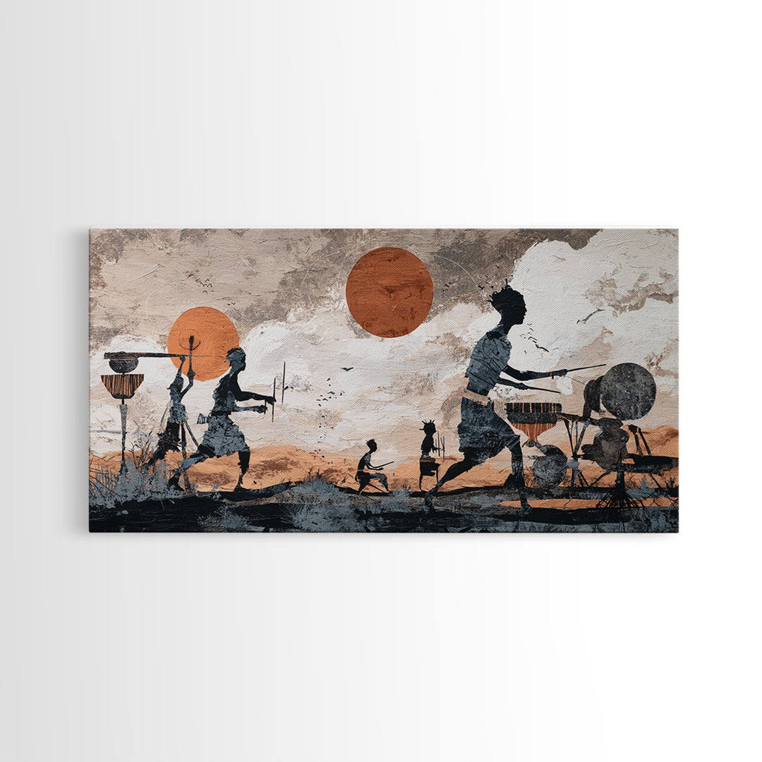 Drumming Village Family Silhouettes Canvas Print, African Wall Art, Tribal Music Decor, Afrocentric Living Room Artwork Gift