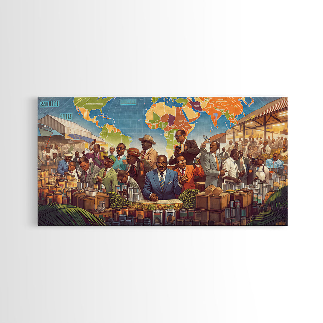 African Market Trade Scene Canvas Print, Pan African Map Wall Decor, Black History Art, Cultural Office Decor Gift For Him