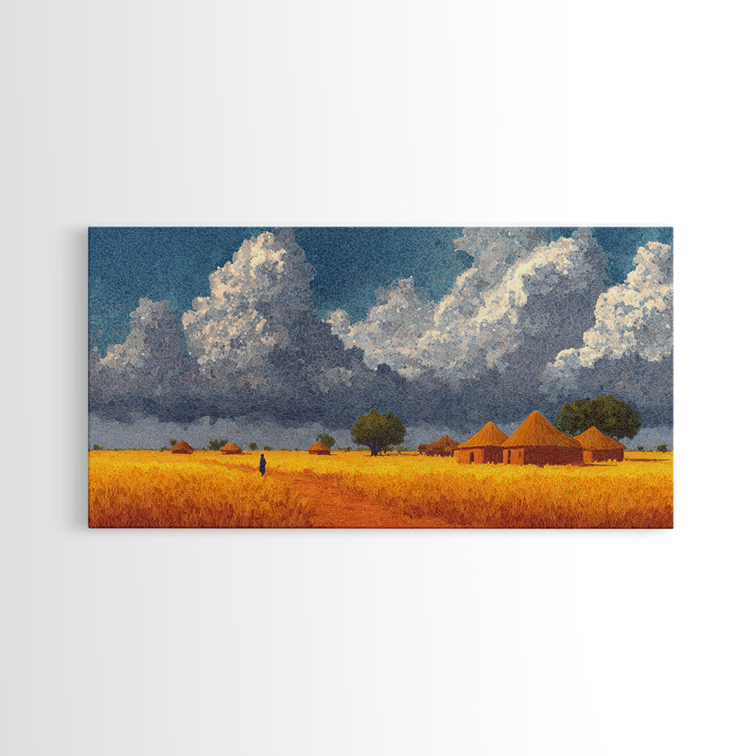 Golden Savanna Village With Storm Clouds Framed Canvas Print, African Landscape, Safari Art, Rustic Home Decor, Africa Painting