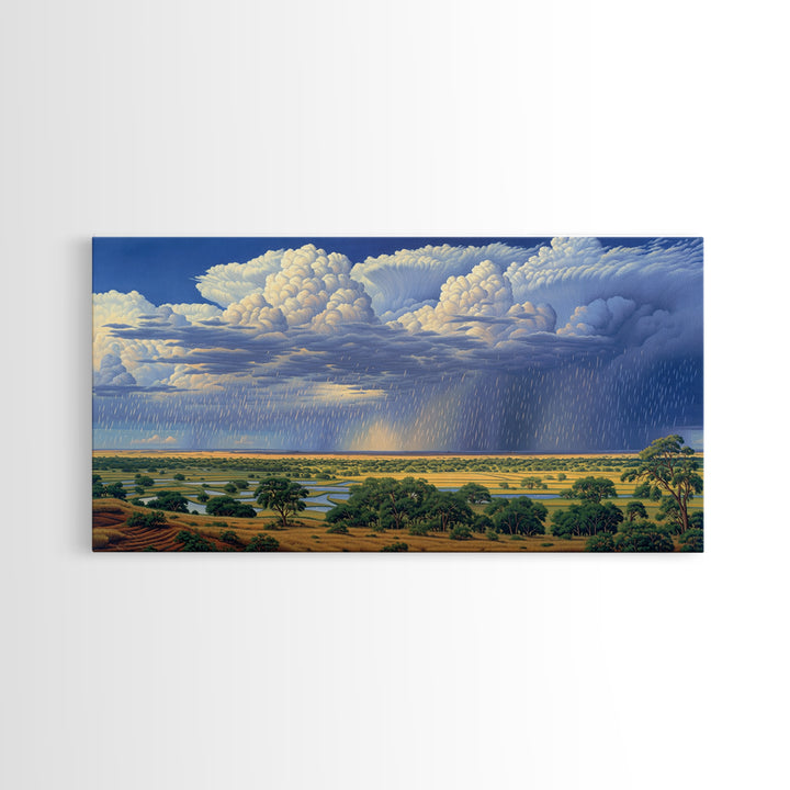 Blue Rain Clouds Over Green Savanna Wall Art, African Safari Art, Serengeti Wall Art, Nature Scene Art, Large Decor Art Gift