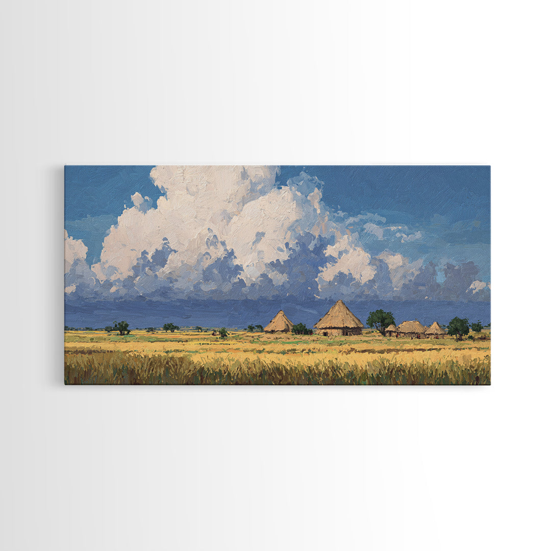 Thatched Village Under White Clouds Canvas Print, African Landscape, Rustic Decor, Cultural Wall Decor, Living Room Art Gift