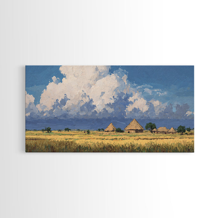 Thatched Village Under White Clouds Canvas Print, African Landscape, Rustic Decor, Cultural Wall Decor, Living Room Art Gift