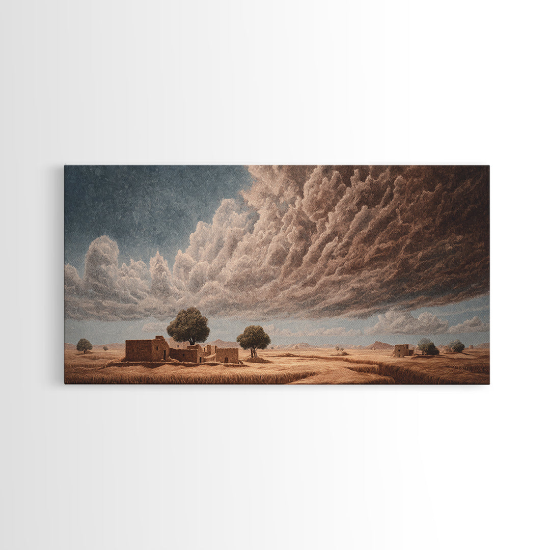 Desert Village Beneath Giant Storm Clouds Framed Canvas Print, African Landscape, Earth Tone Wall Art, Rustic Decor Gift