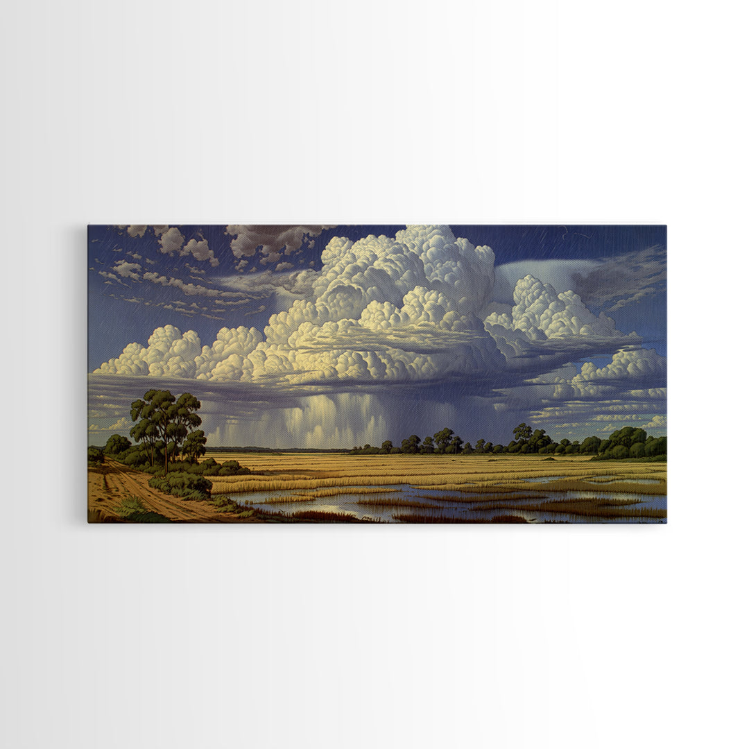 Majestic African Storm Clouds Over Wetlands Wall Art, Panoramic Safari Landscape, Motherland Decor, Large Canvas Print, Nature Art