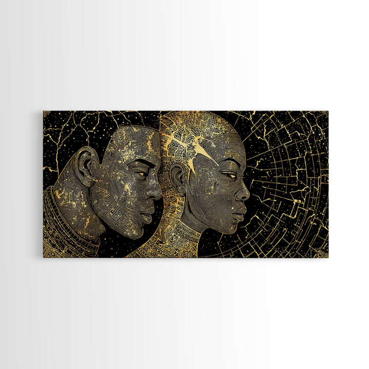 Golden African Profiles With Celestial Patterns Canvas Print, Afrocentric Portrait Wall Art, Black Culture Decor, Unique Gift
