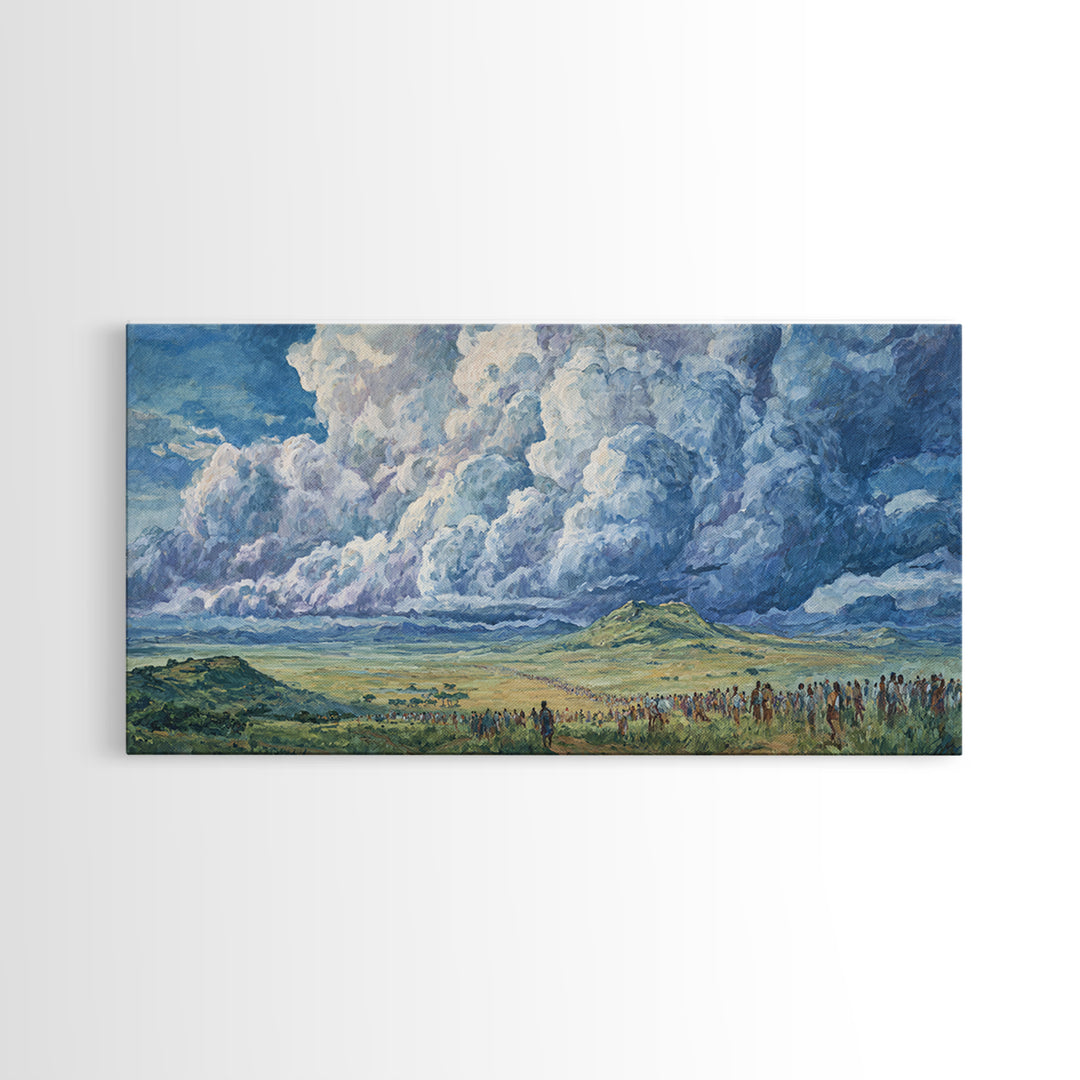 Vast African Plains Under Towering Blue Storm Clouds Canvas Print, Panoramic Wall Art, Cultural Landscape, Office Decor Art