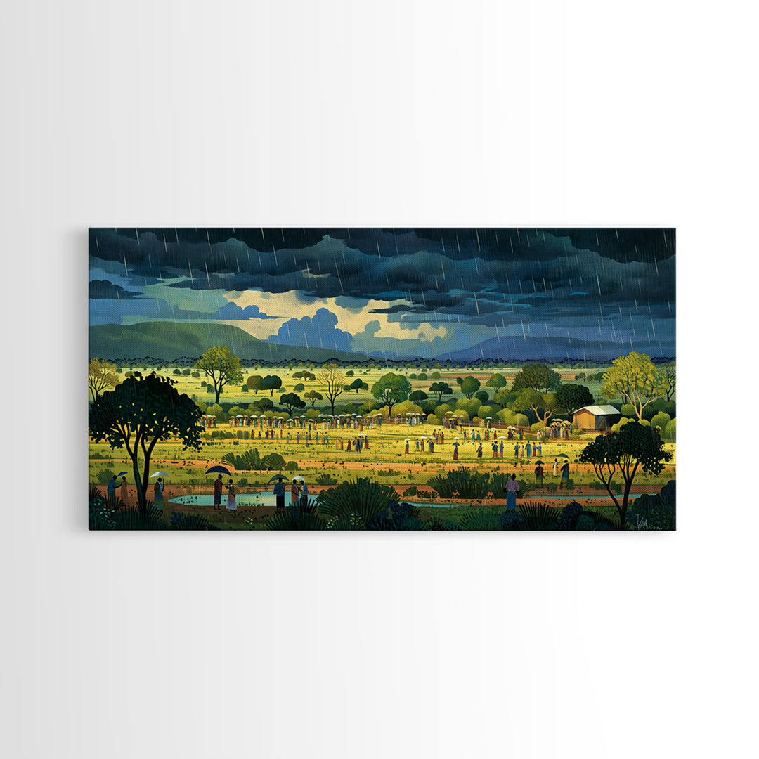 Rainy African Village Fields With Dark Monsoon Sky Wall Art, Motherland Landscape, Cultural Home Decor, Framed Canvas Print