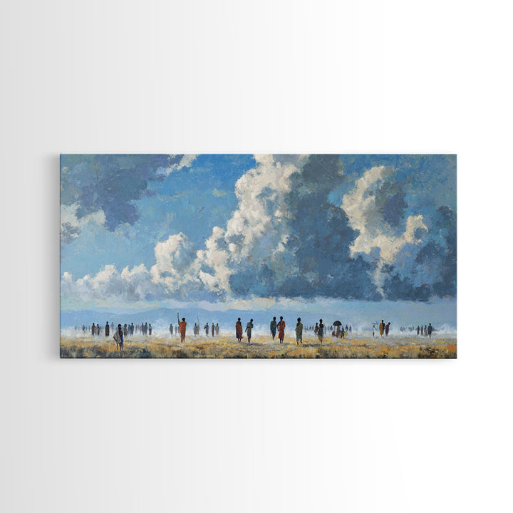 Open African Horizon With Walking Figures And Soft Clouds Wall Art, Minimalist Landscape, Blue Sky Decor, Canvas Print, Gift