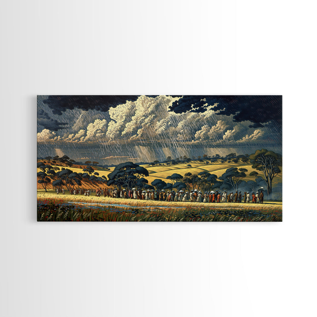 African Procession Through Sunlit Rainy Savanna Framed Canvas Print, Dramatic Storm Wall Art, Cultural Decor, Safari Gift