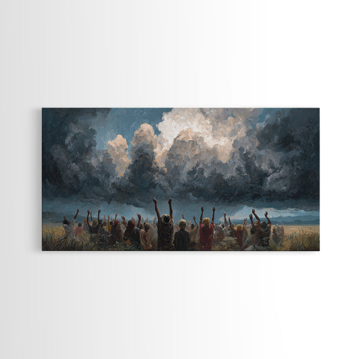 Joyful African Crowd Under Dramatic Storm Clouds Wall Art, Black Culture Celebration, Spiritual Decor, Panoramic Canvas Print