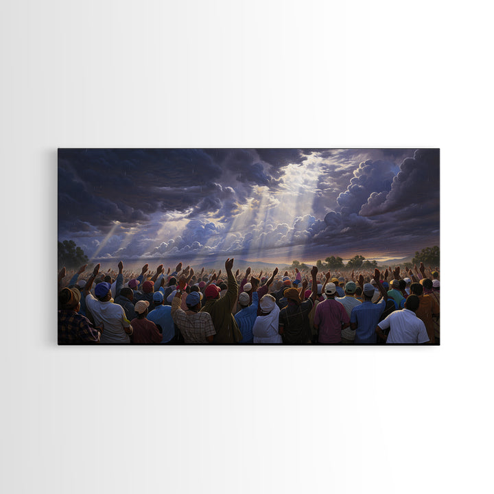 Hopeful African Gathering With Raised Hands Framed Canvas Print, Heavenly Storm Clouds Wall Art, Black Culture Decor Gift