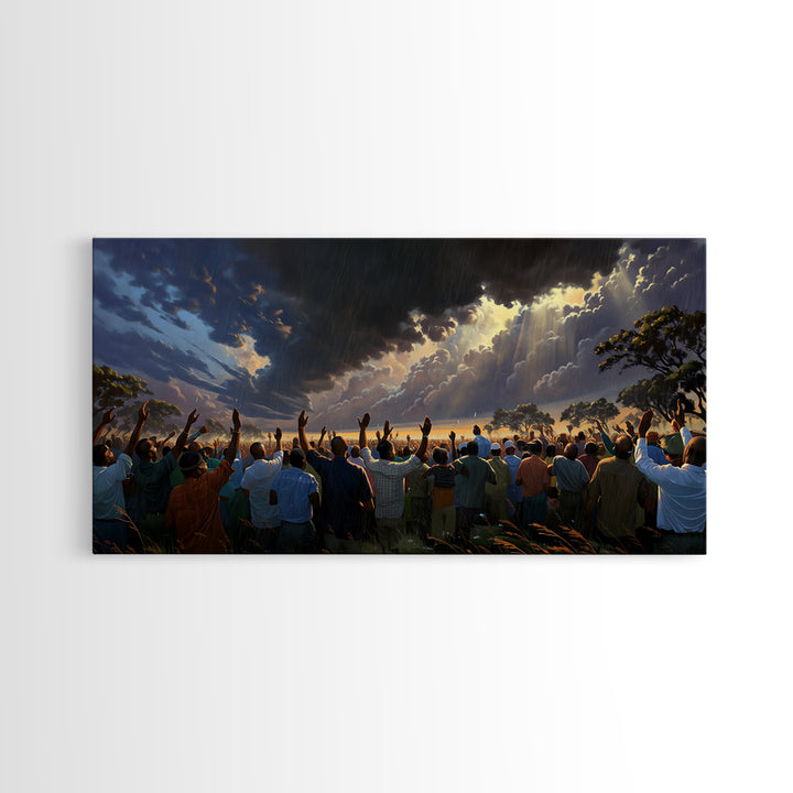 Sunlit African Gathering Beneath Storm Sky Canvas Print, Afrocentric Wall Decor, Spiritual Safari Scene, Cultural Home Art