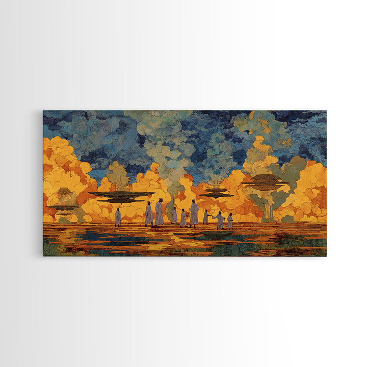 Golden African Village Scene Wall Art, Modern African Art Print, Cultural Landscape, Warm Earth Tone Living Room Decor Gift