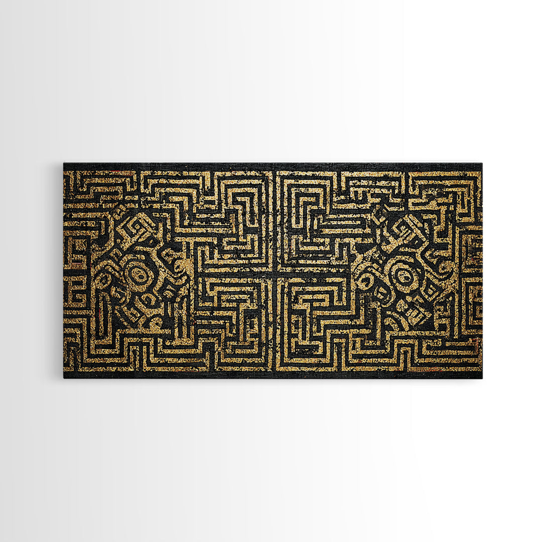Black And Gold African Tribal Maze Canvas Print, Kuba Inspired Pattern Art, Ethnic Wall Decor, Bold Geometric Home Decor