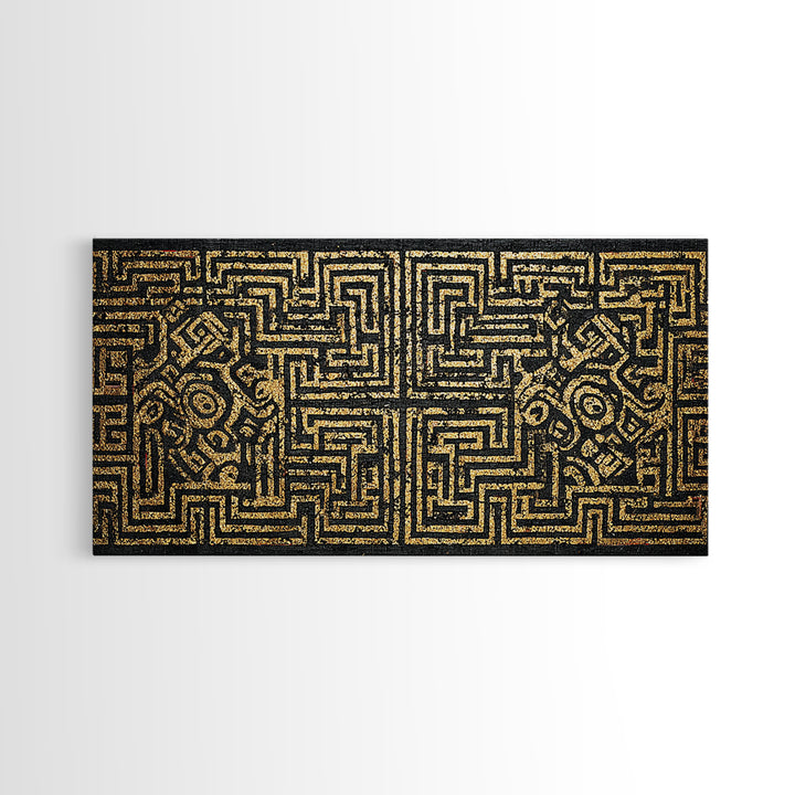Black And Gold African Tribal Maze Canvas Print, Kuba Inspired Pattern Art, Ethnic Wall Decor, Bold Geometric Home Decor