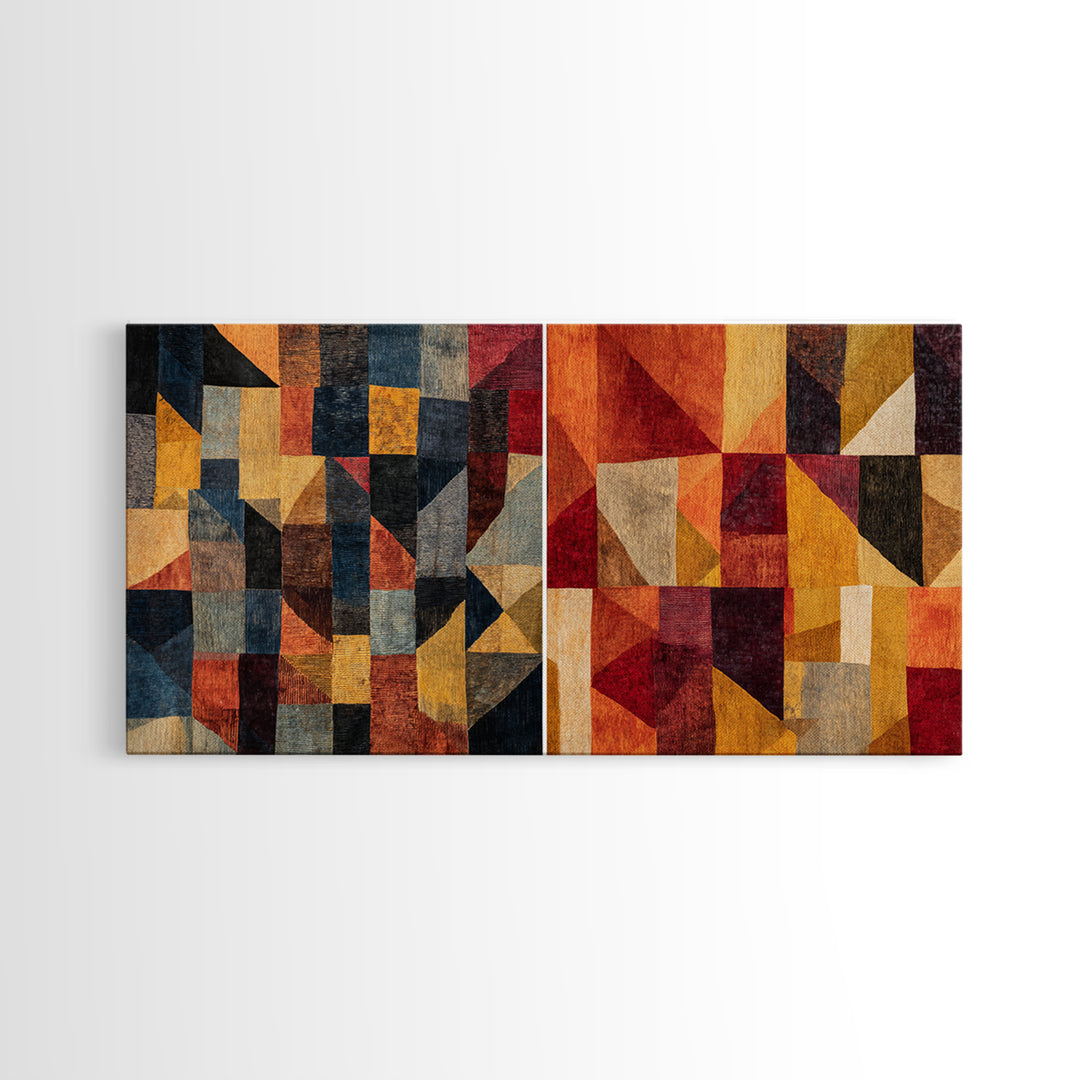 Modern African Geometric Patchwork Canvas Print, Abstract Ethnic Wall Art, Earth Tone Cubism Decor, Bold Home Decor Gift