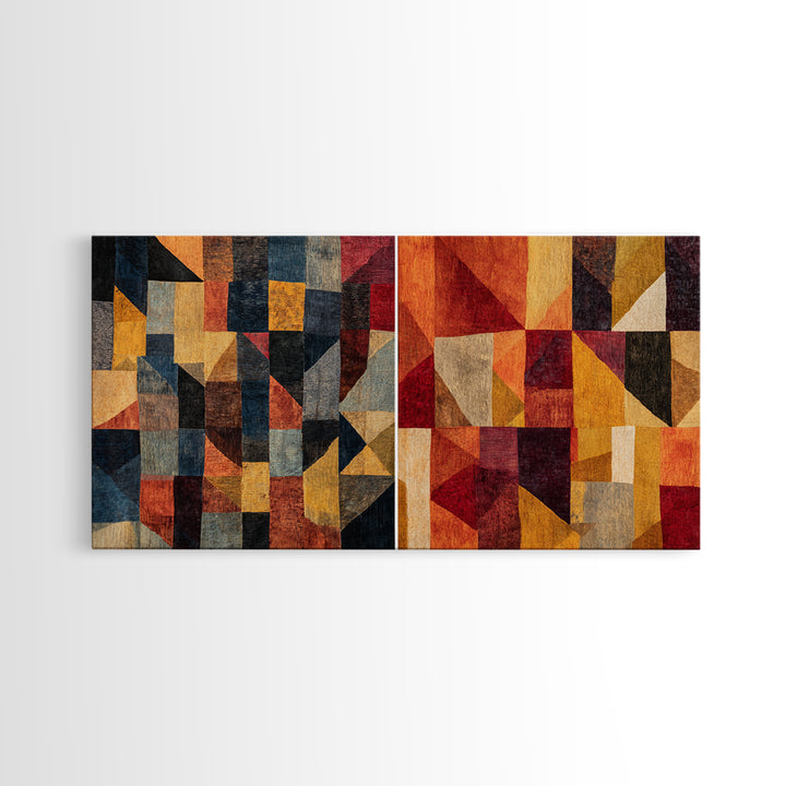 Modern African Geometric Patchwork Canvas Print, Abstract Ethnic Wall Art, Earth Tone Cubism Decor, Bold Home Decor Gift