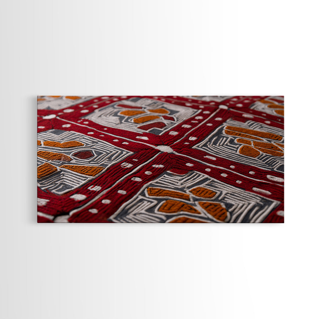 Red African Embroidered Textile Framed Canvas Print, Ankara Fabric Wall Decor, Tribal Pattern Art, Bold Cultural Home Decor