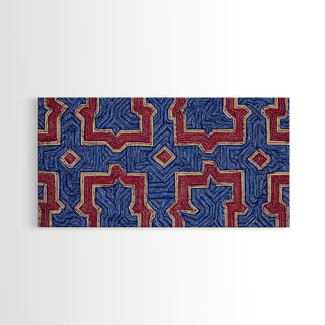 Red Blue Kuba Geometric Textile Pattern Wall Art, African Fabric Print, Tribal Decor, Modern African Art For Living Room