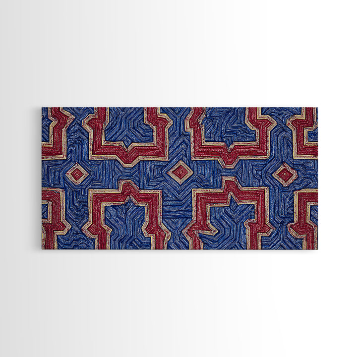 Red Blue Kuba Geometric Textile Pattern Wall Art, African Fabric Print, Tribal Decor, Modern African Art For Living Room