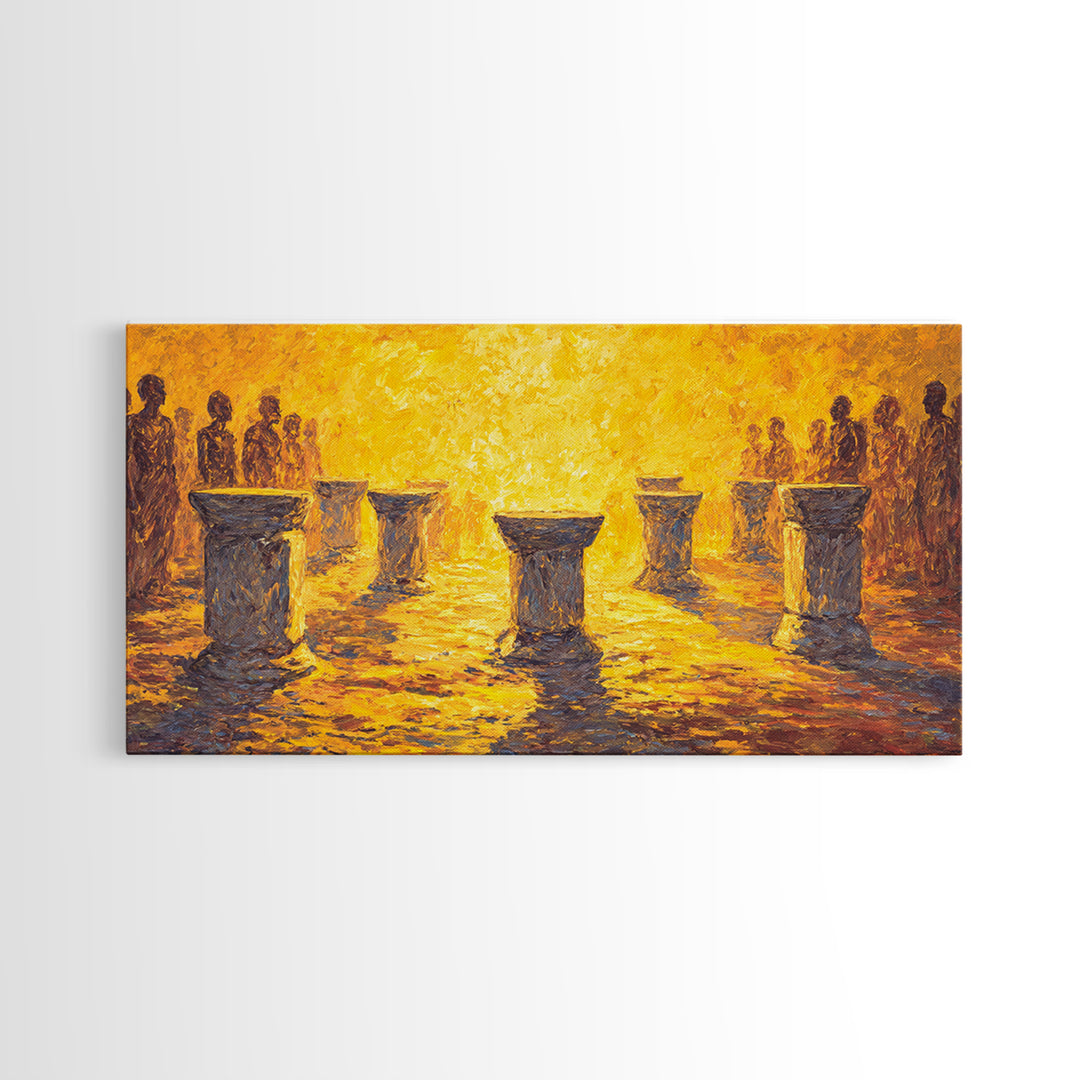 Golden Drum Ceremony Silhouette Wall Art, African Celebration Painting, Cultural Art Print, Warm Sunset Housewarming Gift