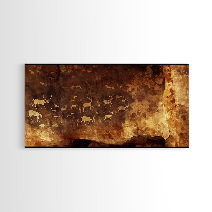 Ancient Cave Animal Herd Rock Painting Canvas Print, African Safari Art, Earth Tone Wall Decor, Tribal Culture Artwork Gift