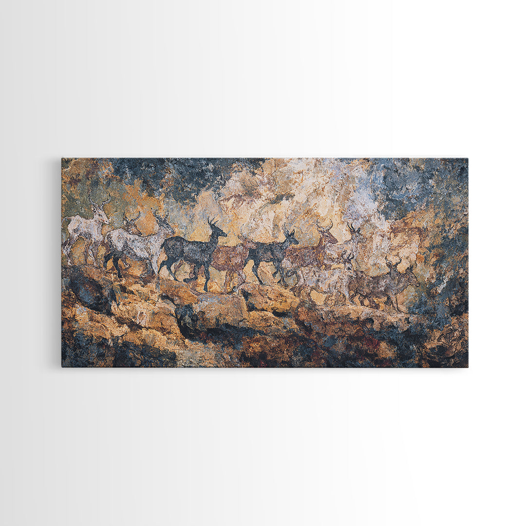 Blue Ochre Prehistoric Animal Herd Wall Art, African Rock Painting, Safari Decor, Earth Tone Tribal Art Print For Home Decor