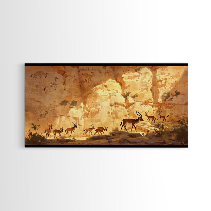 Desert Antelope Rock Art Framed Canvas Print, African Landscape, Safari Wall Decor, Ancient Cave Painting For Living Room