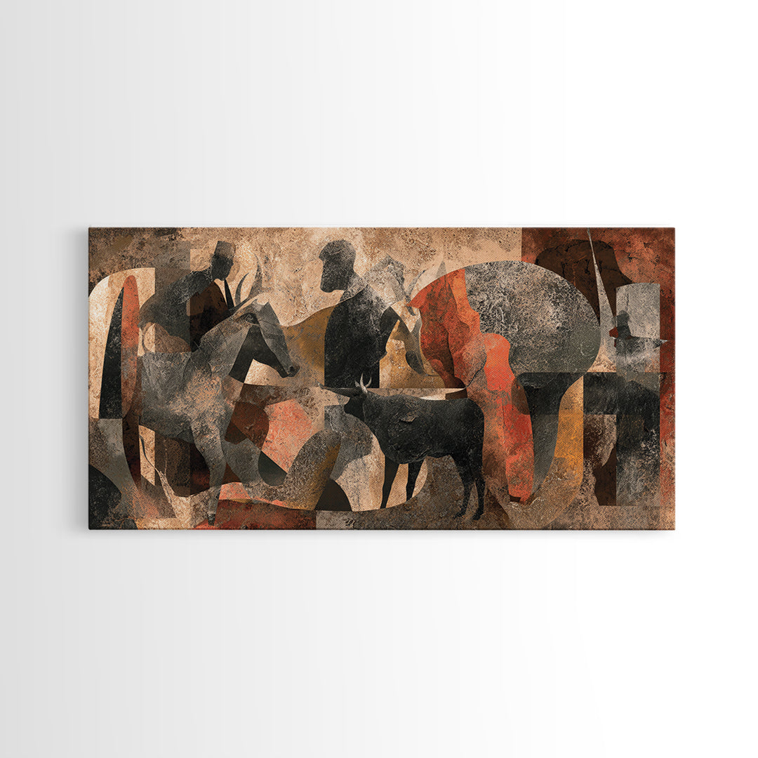 Abstract African Herdsmen And Cattle Wall Art, Modern Cubism, Tribal Decor, Earth Tone Canvas Print For Stylish Home Decor