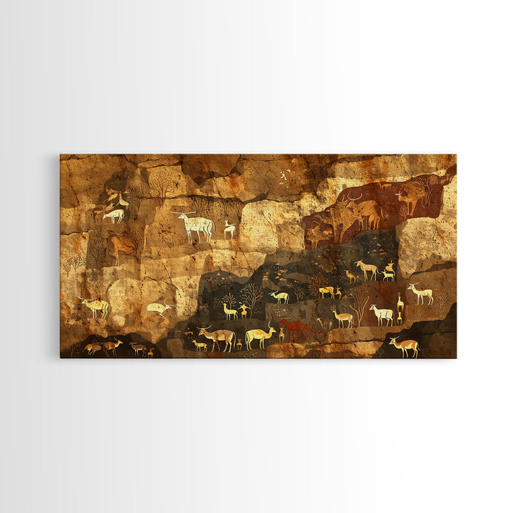 Ochre Cave Herd Rock Painting Canvas Print, African Animal Art, Tribal Wall Decor, Ancient Safari Artwork For Earth Tone Home