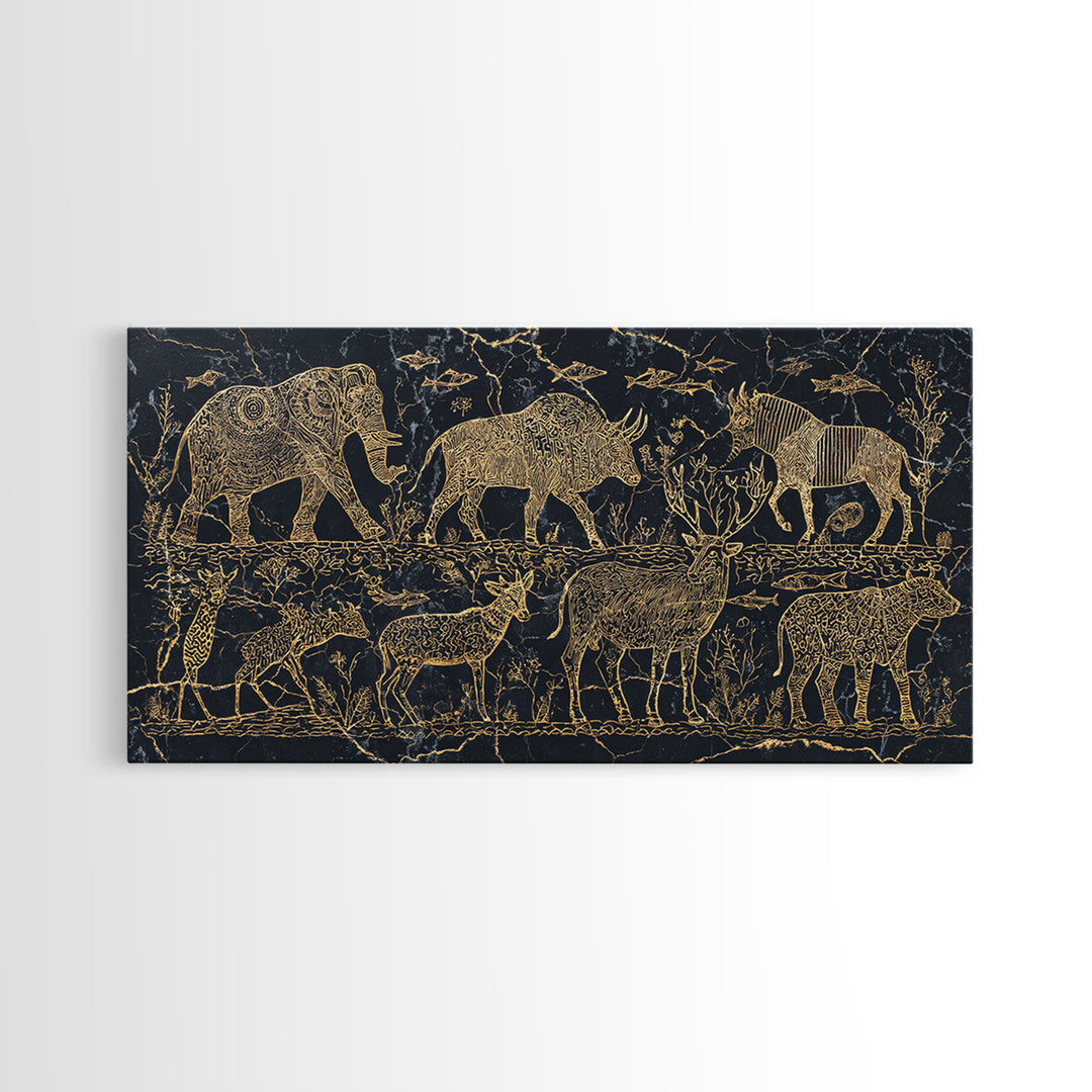 Gold Safari Animal Linework With Elephants And Giraffes Wall Art, African Safari Art, Black And Gold Art, Living Room Decor