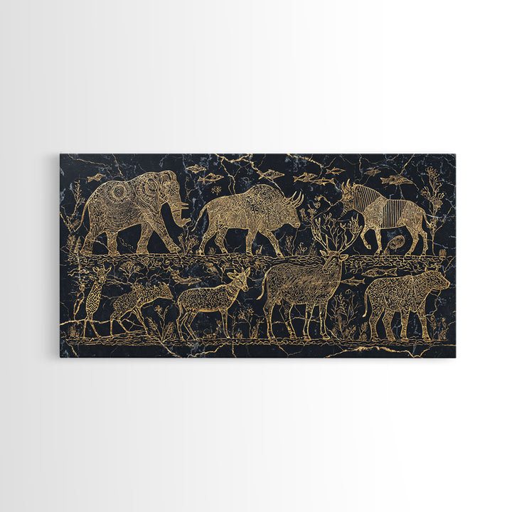 Gold Safari Animal Linework With Elephants And Giraffes Wall Art, African Safari Art, Black And Gold Art, Living Room Decor