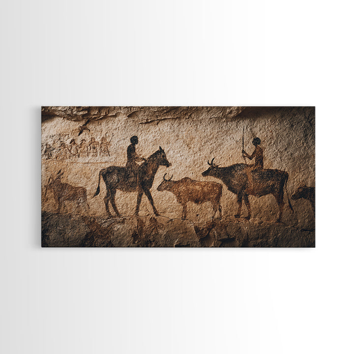 Ancient Cave Painting With Riders And Cattle Canvas Print, African Rock Art, Tribal Wall Decor, Rustic Home Decor Gift Idea