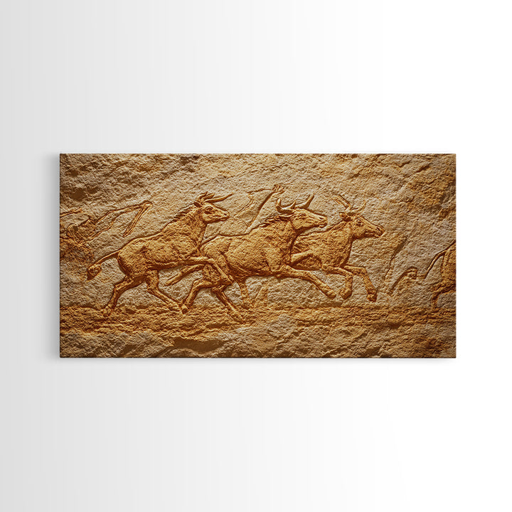 Carved Stone Antelope Herd In Ancient Cave Relief Wall Art, African Animal Art, Tribal Art Print, Earth Tone Decor, Rustic Home Decor