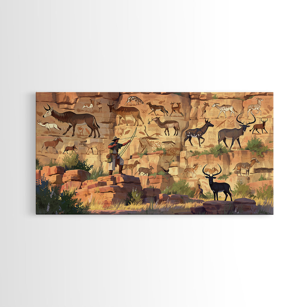 Desert Canyon Pictographs With Explorer And Antelope Canvas Print, African Inspired Rock Art, Safari Wall Decor Gift For Him