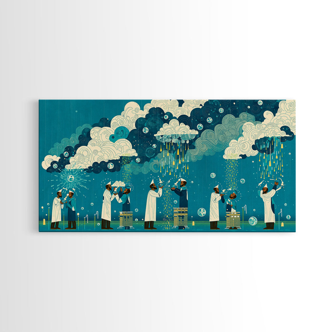 Scientists Harvesting Rain From Patterned Clouds Wall Art, Contemporary Art, Teal And Yellow Art, Modern Office Decor Gift
