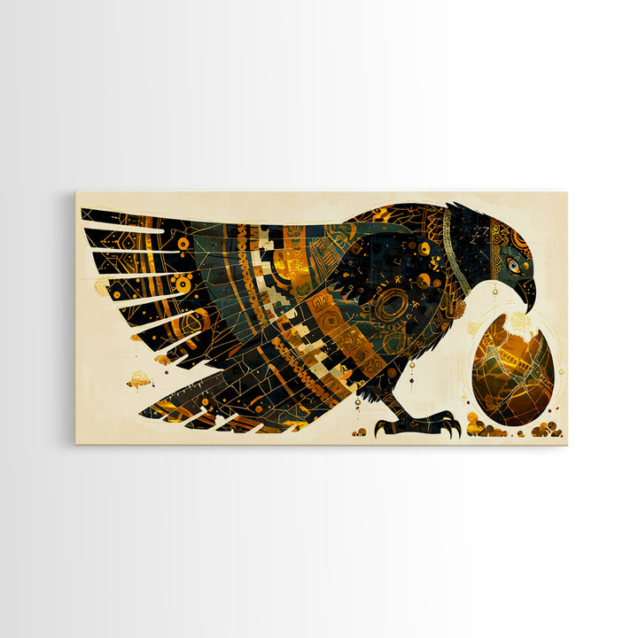 Ornate Egyptian Falcon With Golden Egg Canvas Print, African Egyptian Art, Black Gold Decor, Spiritual Wall Art Gift For Her