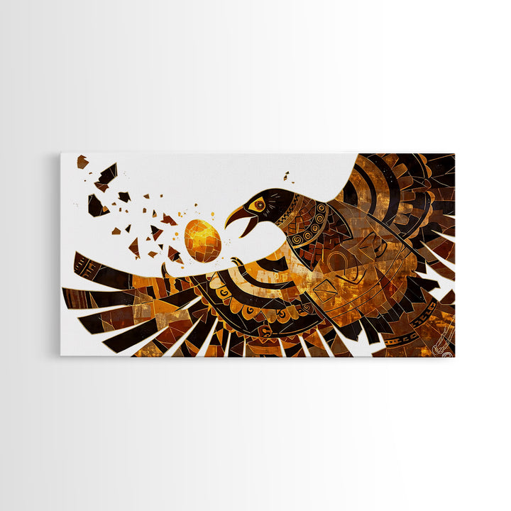 Geometric Black Gold Eagle Holding Sun Orb Canvas Print, African Inspired Abstract Art, Bold Wall Decor, Unique Canvas Gift