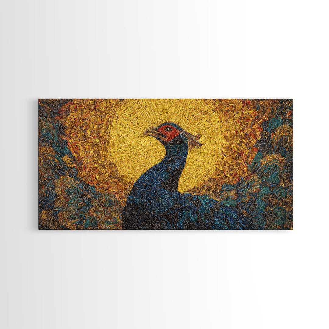 Blue Peacock Portrait Before Golden Sun Wall Art, African Inspired Bird Art, Textured Canvas Decor, Vibrant Living Room Gift