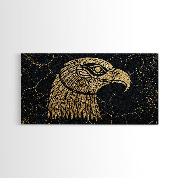 Gold Falcon Head On Black Cracked Stone Canvas Print, African Egyptian Art, Tribal Bird Decor, Luxury Wall Art Gift For Him