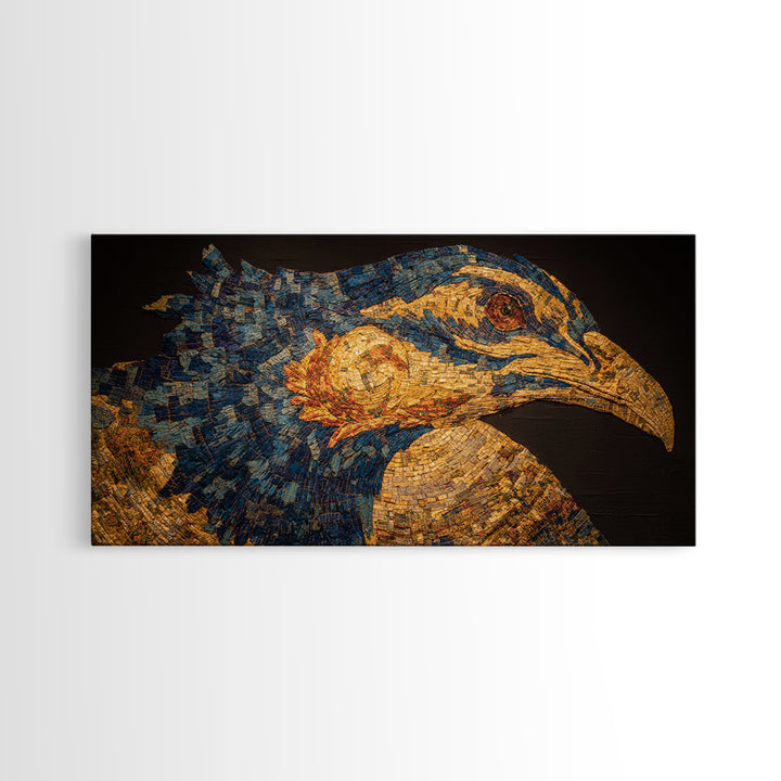 Blue And Gold African Bird Portrait Wall Art, Textured Safari Animal Artwork, Bold Modern African Decor Canvas Gift For Living Room