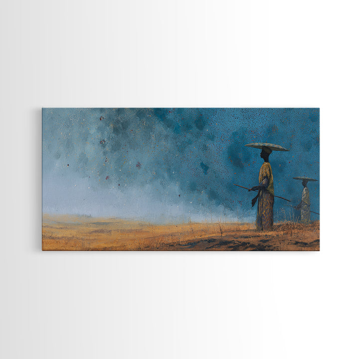 Blue Desert African Figures Wall Art, Minimalist Safari Landscape Painting, Modern Cultural Home Decor Canvas Gift For Bedroom