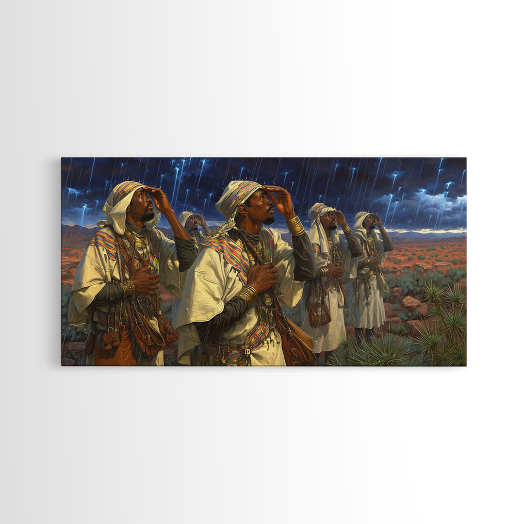 Berber Storm Watchers Canvas Print, African Warrior Art, Desert Lightning Scene, Tribal Wall Decor For Living Room And Office