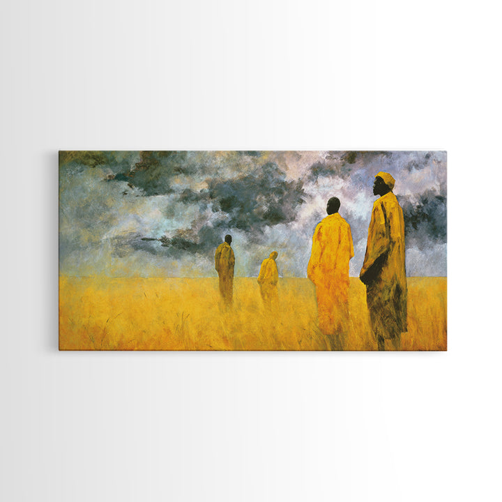 Yellow Robed African Figures Framed Canvas Print, Dreamy Savannah Landscape Wall Art, Cultural Home Decor Gift For Living Room