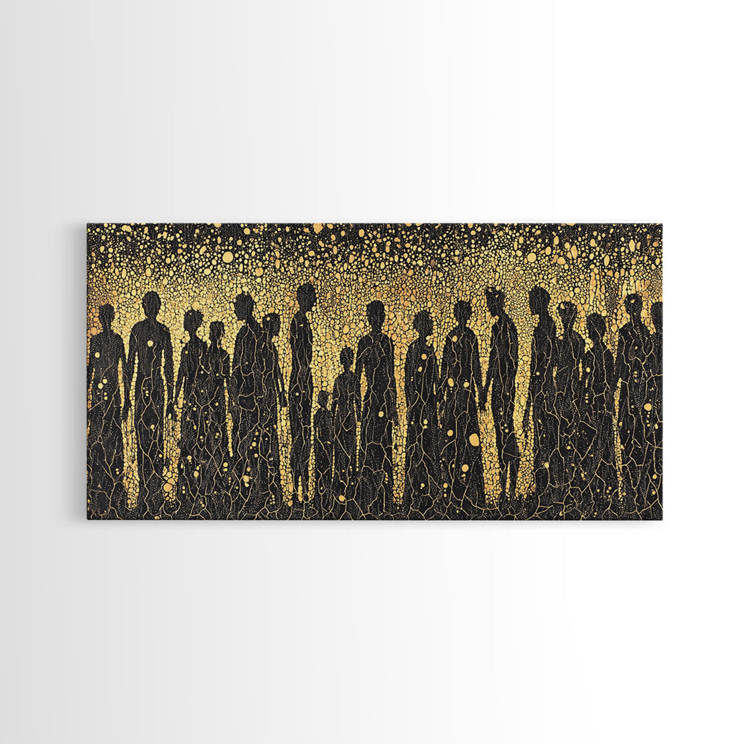 Gold African Silhouette Crowd Wall Art, Abstract Tribal Figures, Black And Gold Cultural Decor Canvas Print Gift For Office
